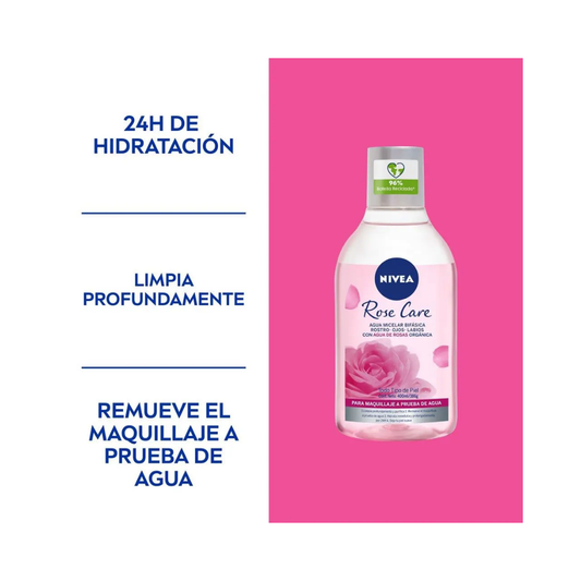 Nivea Agua micelar Rose Care bifásica para maquillaje a prueba de agua 400 mL